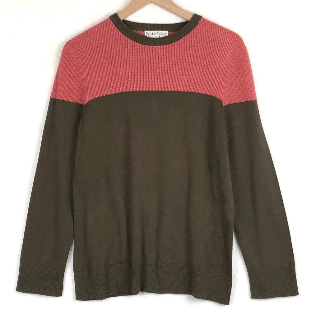 WinterSilks Cotton Silk Colorblock Sweater Women's M Coral Olive Green Crew L/S